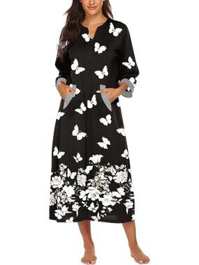 〽️Women's Bathrobe Black Butterfly 3/4 Sleeves Zipper Loungewear Long Nightgown